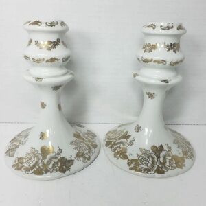 VTG Handpainted Porcelain De France White Gold Roses Candle Holders